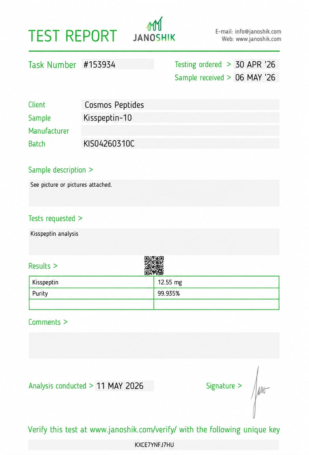 Kisspeptin-10 lab test report