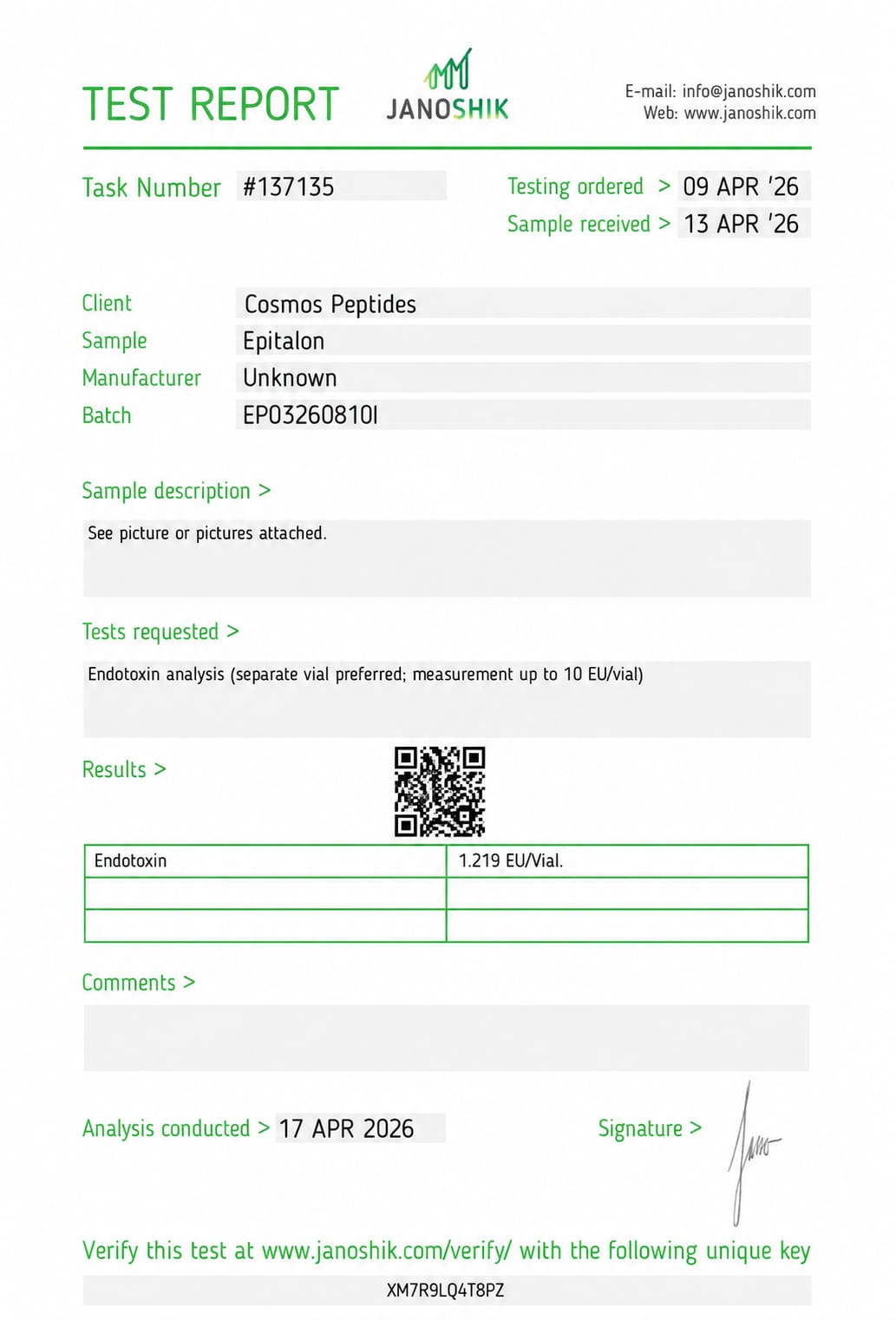 Epitalon lab test report