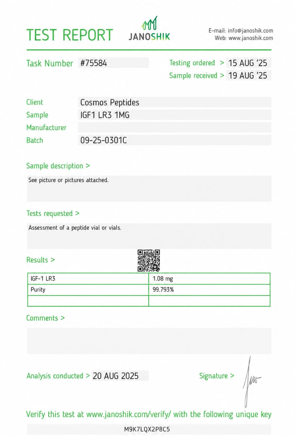 IGF-1 LR3 lab test report