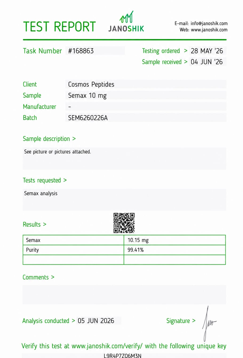 Semax lab test report